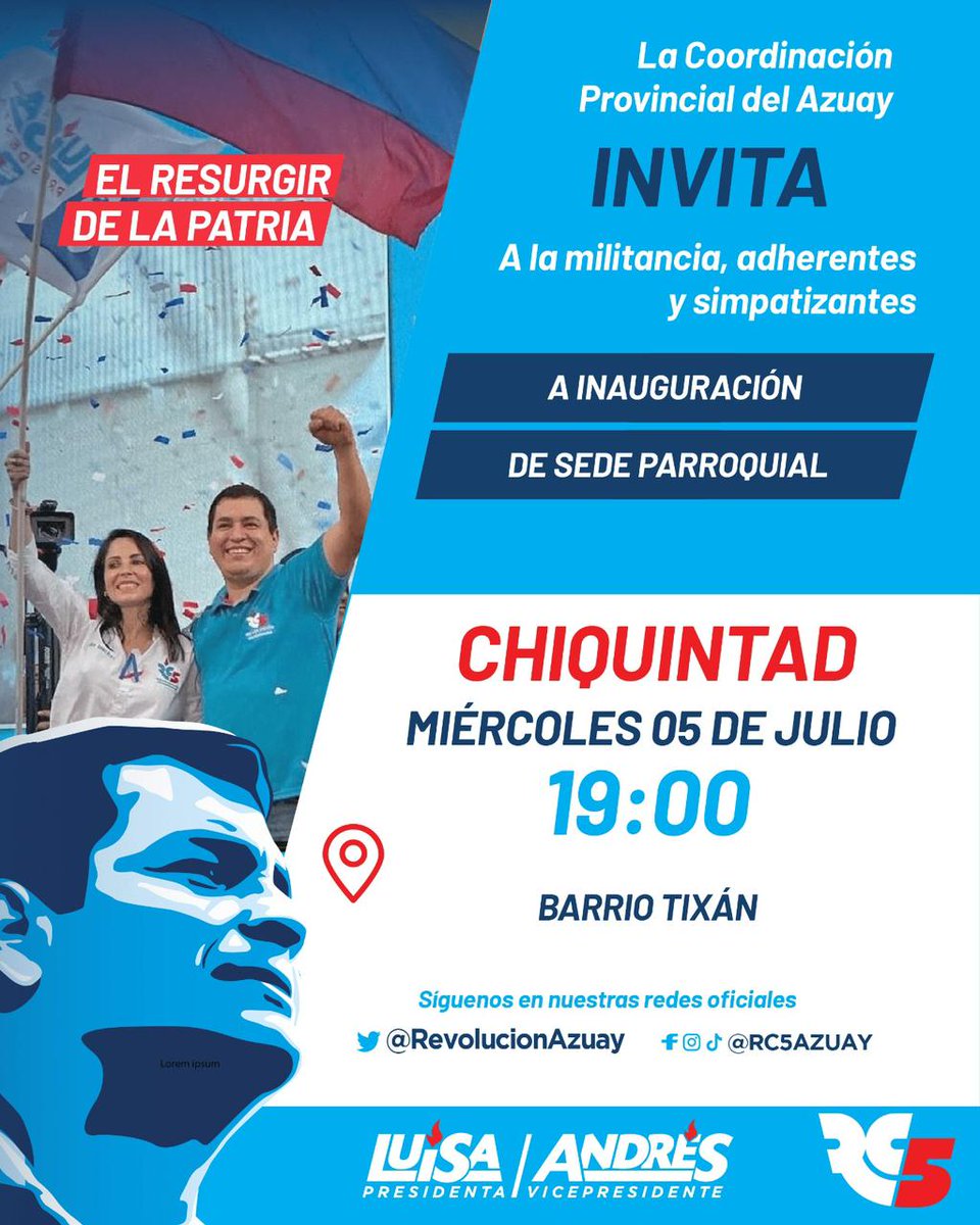 RevCiudCuenca's tweet photo. #ResurgirDeLaPatria

¡El cambio está en una sola vuelta!💪

Acompáñenos  hoy en la inauguración de nuestra sede parroquial en Chiquintad desde la cual trabajaremos juntos para el resurgir del Ecuador.

🗓️ 5/Jul
⏰ 19h00
📍Barrio Tixán https://t.co/M0O7dEJnFt