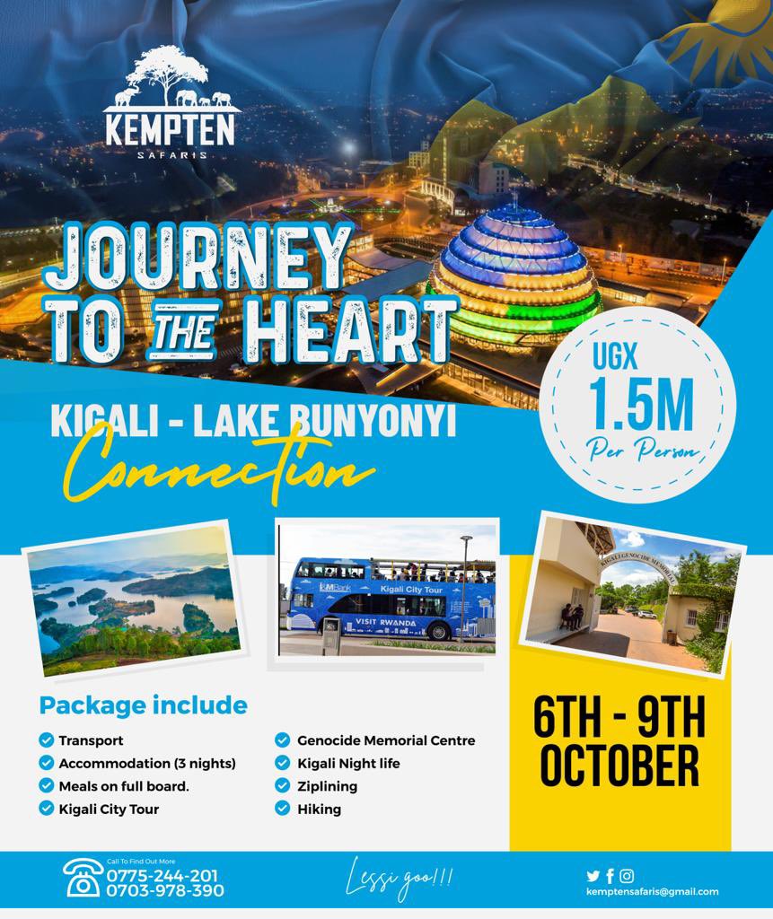 KemptenSafaris's tweet photo. Join us for an unforgettable experience in Rwanda 🇷🇼 and Uganda🇺🇬

Bookings are open : 

1.5M ugx only.

Includes : 
✅ Transport in an executive mini bus
✅ 3 nights accomodation on full board
✅Kigali City Tour
✅Lake Bunyonyi Adventures

For info:

☎️ 0775244201 /0703978390 https://t.co/4SCIQCiSgN