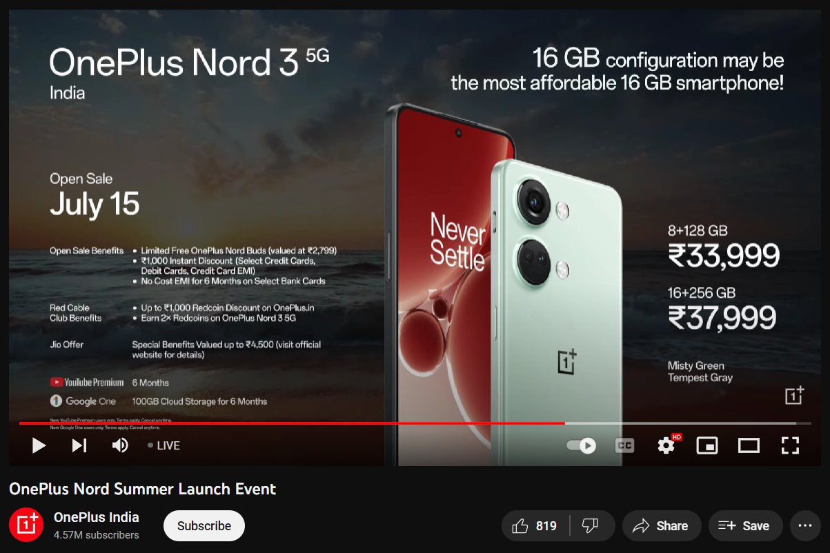 Sudhanshu Ambhore on X: OnePlus Nord 3 5G goes official! 8GB+128GB:  ₹33,999 16GB+256GB: ₹37,999 ₹1000 instant discount on bank cards Free OnePlus  Nord Buds (Limited) #OnePlusNord3  / X