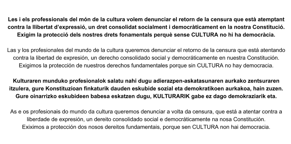 SENSE CULTURA NO HI HA DEMOCRÀCIA.
#stopcensura #cultura #democràcia