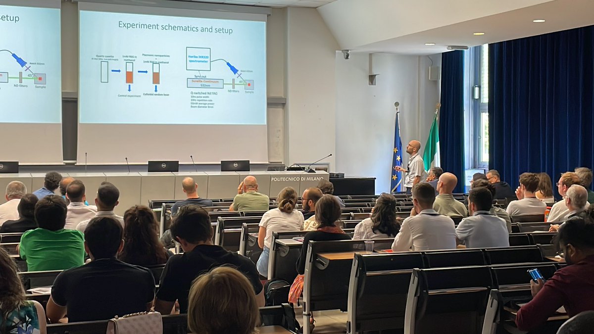 Plasmonica's tweet photo. We conclude the first session on #applications of #plasmonics with a talk by Luca Salemi @unict_it @uni_ct on plasmonic nanoparticles as scattering medium in colloidal random dye lasers! Exciting perspectives indeed! #PLASMONICA2023 https://t.co/GuseVpuUXW