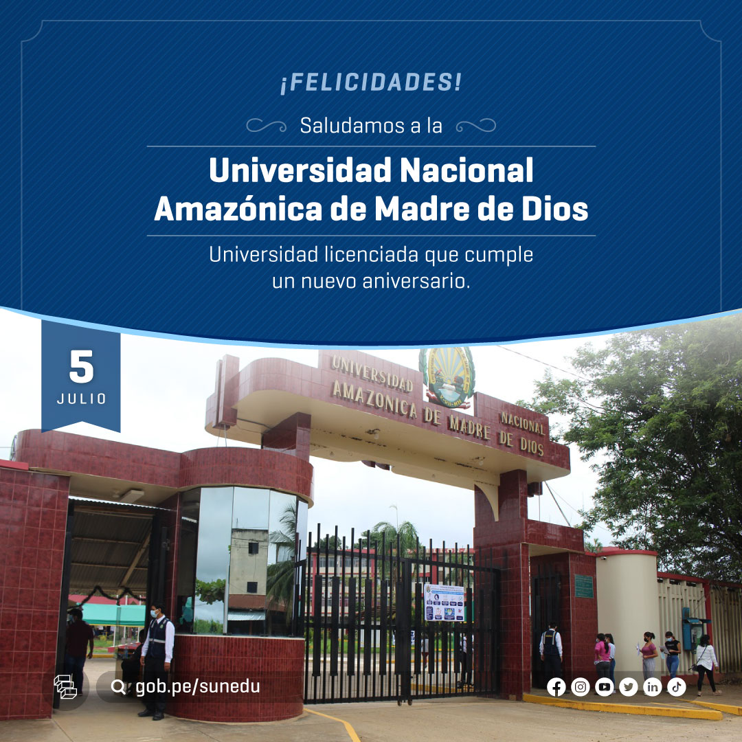 SuneduPeru's tweet photo. 🎉 ¡La Universidad Nacional Amazónica de Madre de Dios cumple un nuevo aniversario! 👏 Por eso, enviamos un saludo especial a sus estudiantes, egresados, docentes, autoridades y personal administrativo.

✅ Conoce más de la #UNAMAD en https://t.co/5rx4BmxGS2 https://t.co/AlDfhuwGWo