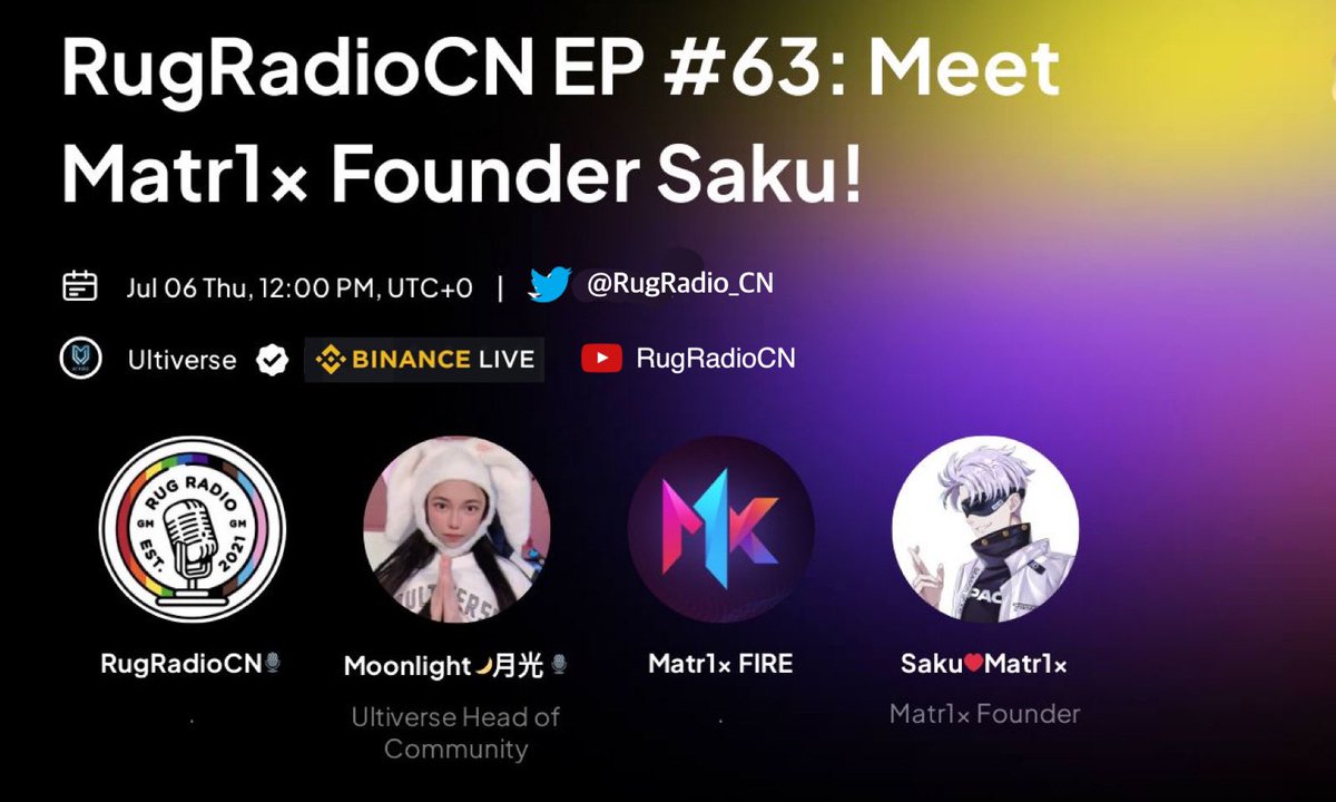 🎙️ <a href="/RugRadio_CN/">RugRadio 中文</a> Ep #63:
AMA with <a href="/Matr1xOfficial/">MATR1X FIRE</a> founder Saku🎮

📅1 pm UTC, July 6th

🔥 𝐁𝐞𝐭𝐚 𝐓𝐞𝐬𝐭 𝐏𝐚𝐬𝐬 𝐆𝐢𝐯𝐞𝐚𝐰𝐚𝐲
✅❤️+RT+Tag3
✅Follow <a href="/RugRadio_CN/">RugRadio 中文</a> <a href="/Matr1xOfficial/">MATR1X FIRE</a> @poemran <a href="/Moon1ightSt/">Moonlight🌙月光</a> 
✅Twitter Space: x.com/i/spaces/1vOxw…

🎁2 Like&amp;RT&amp;FL+1 best question