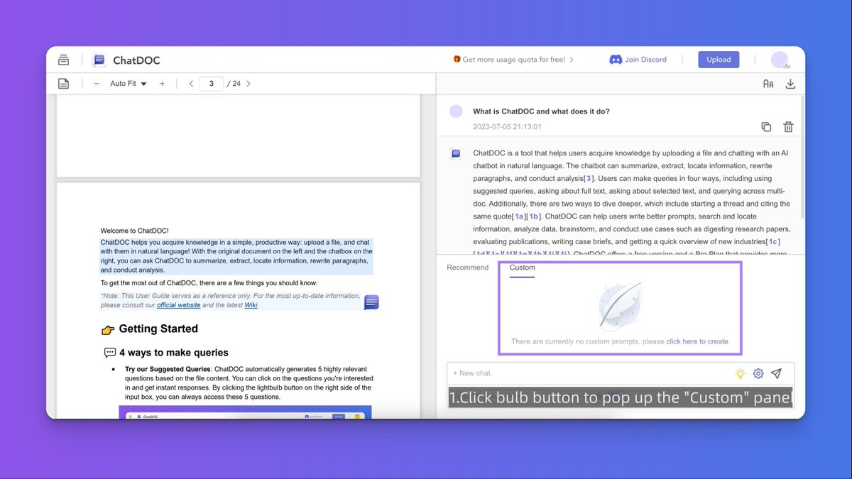 chatdoc_ai's tweet image. 🎉Today's exciting updates:
1.Need customized prompts? We got you covered! 🙌 Ask questions your way and make ChatDOC perform for you!
2. Supercharge PDF loading for lightning-fast content display! ⏩ Dive into documents faster than ever before!
#chatdoc #chatpdf #chatgpt