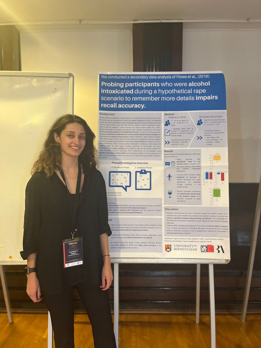 Applied Memory Lab (@amlabuob) on Twitter photo PhD student <a href="/madeleineingham/">Madeleine Ingham</a> presenting her work with @hflowe on metamemory in interviews. They found that probing participants who are alcohol intoxicated about a sexual assault scenario reduces recall accuracy in the question phase! #eapl23 #AMLatEAPL PhD student <a href="/madeleineingham/">Madeleine Ingham</a> presenting her work with @hflowe on metamemory in interviews. They found that probing participants who are alcohol intoxicated about a sexual assault scenario reduces recall accuracy in the question phase! #eapl23 #AMLatEAPL