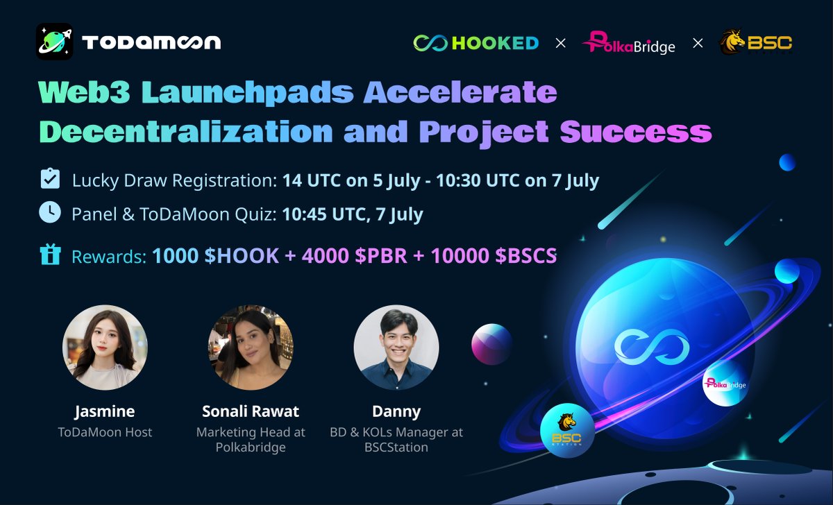 🎉 #Hookedfrens
Welcome our new co-educators of #edutainment galaxy to a dynamic panel of “Web3 Launchpads Accelerate Decentralization and Project Success” at upcoming #ToDaMoon!

🎁 Celebrate Hooked partnership with <a href="/realpolkabridge/">PolkaBridge</a> @bscstation with an extra 4000 $PBR &amp; 10000