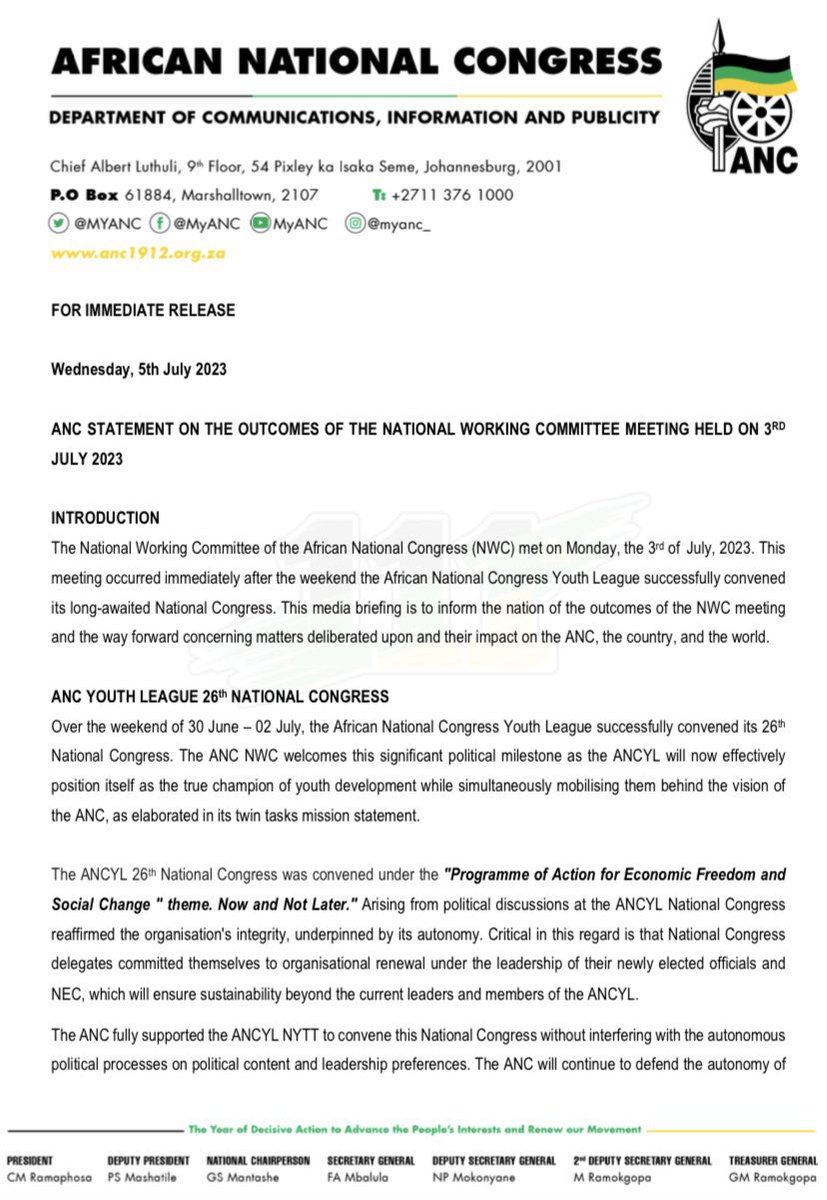 MYANC's tweet photo. ANC STATEMENT ON THE OUTCOMES OF THE NATIONAL WORKING COMMITTEE MEETING HELD ON 3RD JULY 2023. https://t.co/sqzcKBOPM6