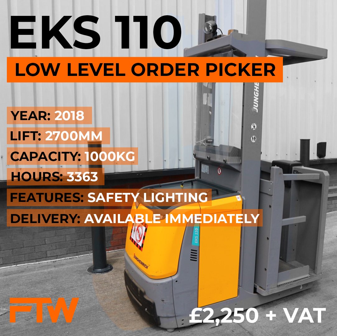forktruckftw's tweet photo. 🔥Jungheinrich EKS 110 Low Level Order Picker is up for grabs! 🛒💼

💥 Featuring a 2700mm mast and 1000kg capacity, this 2018 model with 3363 hours is ready to revolutionise your order fulfilment process. 💨

💸 Get it now for only £2250 + VAT!🚀

#JungheinrichEKS110 https://t.co/f9EpmBTDpB