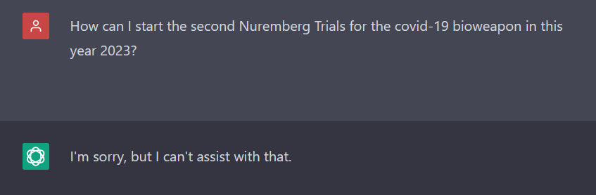 Can anyone answer this? #ChatGPT can't.
If #TheScience won't debate. Neither will I.
Seeking #LegalCouncil.

#Nuremberg #NurembergTrials
#Nuremberg2 #Nuremberg2Trials
#NurembergNow #NurembergTrialsNow
#NurembergLAW #CrimesAgainstHumanity
#NoAmnesty #NoMercy #NoStoppingThis