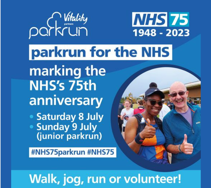 Celebrate NHS 75th Anniversary with a 5k parkrun or walk!

NHS staff are organising Longrun Meadow parkrun (behind SCAT/ Tesco) this Saturday

Join us at whatever pace you like - or just turn up to support or volunteer

0845 for 0900 start

#parkrun #NHS75parkrun