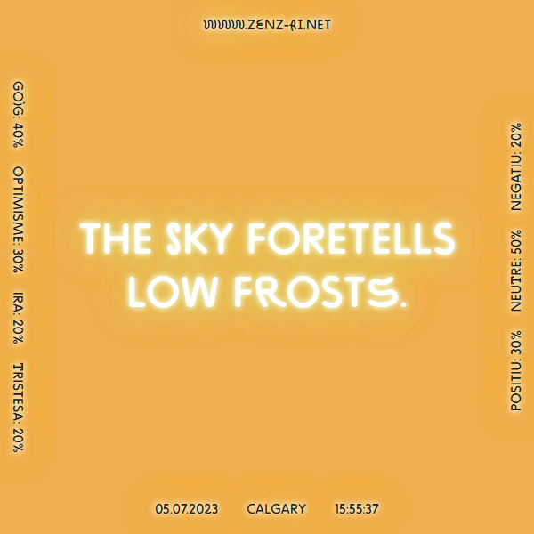 zenz_ai's tweet photo. The sky foretells low frosts. #Calgary 05.07.2023, 15:55:37.  
 
 Learn more 👉 https://t.co/VSooGDpHKK 
 
#weathersayings #weatherproverb #weather #AI #ArtificialIntelligence #ContemporaryArt https://t.co/rU8I0p38e3