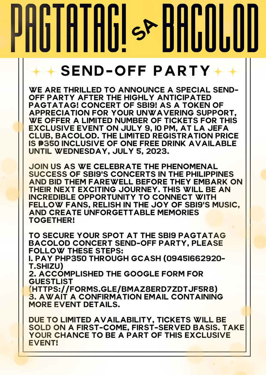 Ready for an after-party?

Few slots left for the special rate of 350.

Be part of the send off and A’Tin celebration! 'Di ka na basta makakakita ng GENTO!

<a href="/SB19Official/">SB19 Official</a>
#SB19
PAGTATAGWorldTourBacolod

Registration link: forms.gle/BMAZ8erD7ZdTJF…