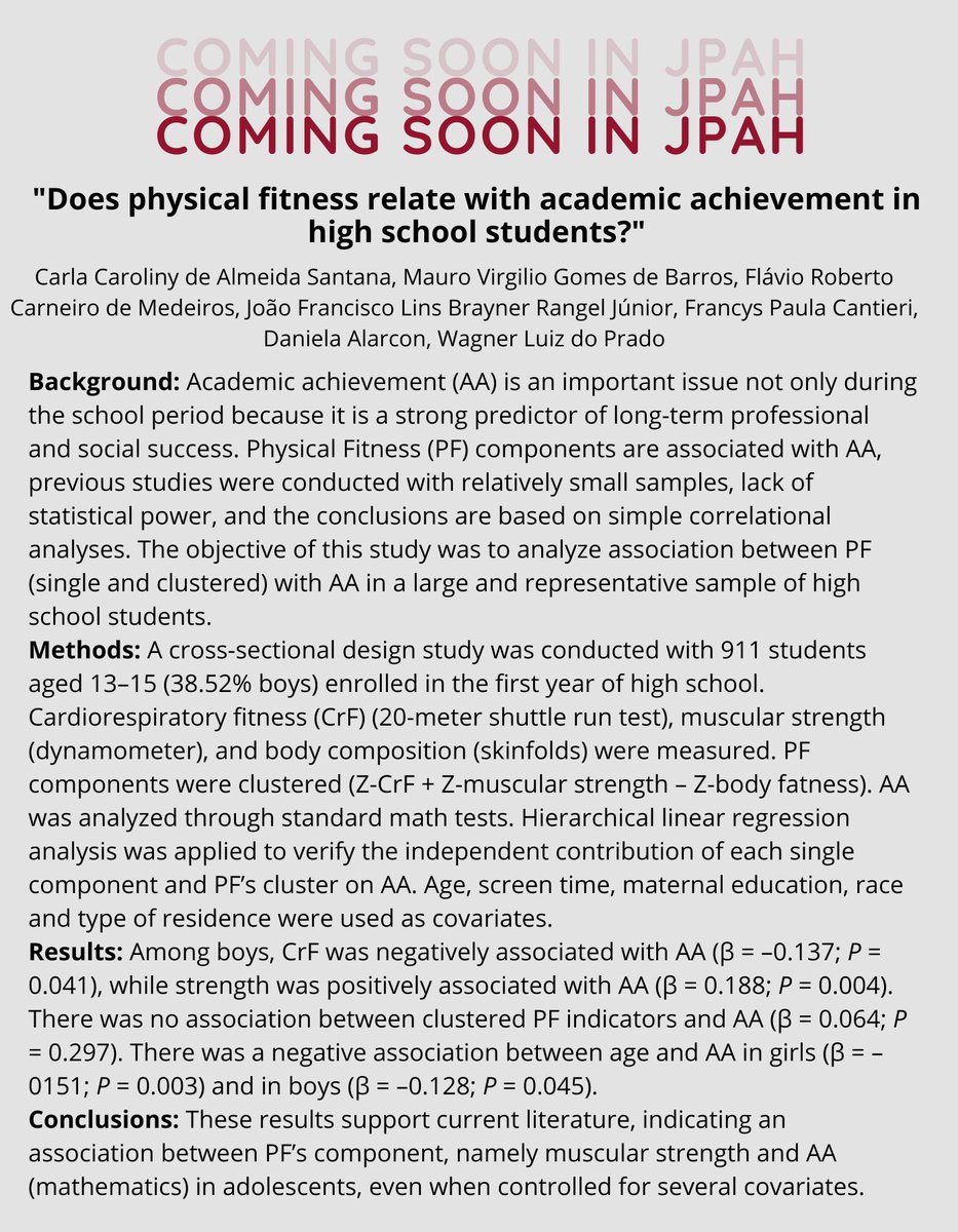 JPAHjournal's tweet photo. 💪🧠 New research suggests that improving muscular fitness in children &amp; adolescents will benefit cognitive skills.

✍️@wagnerprado7 et al.

#academicperformance https://t.co/imnjEFfDXA