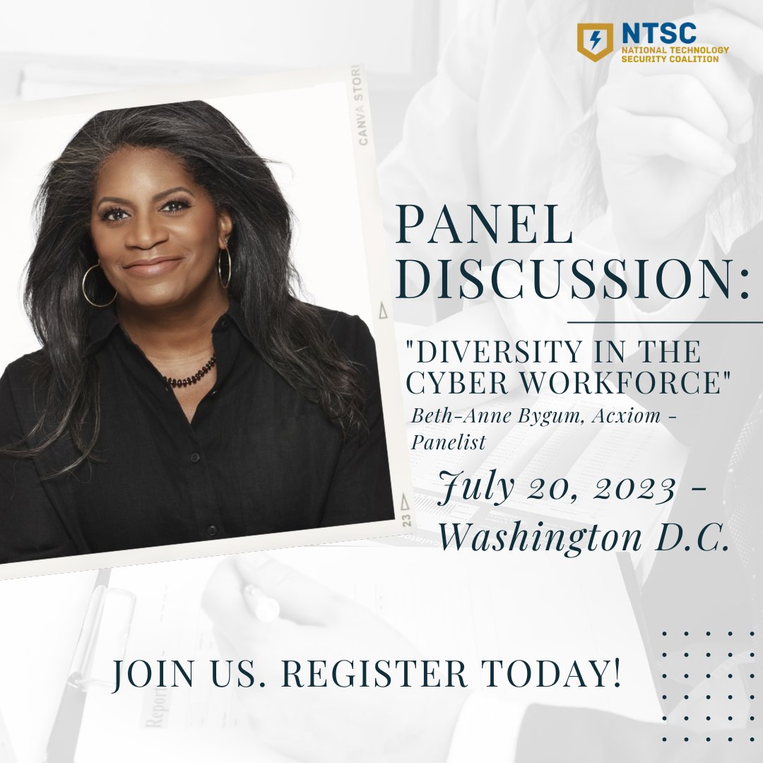 NTSC_CISO's tweet photo. Beth-Anne Bygum will join us at the NTSC's 6th Annual National Conference for a panel discussion on how diversity in the cyber workforce plays a crucial role in addressing the challenges of today's digital landscape

Learn more and register at https://t.co/3G5f5KoXgU. https://t.co/xRpXOwaVoo