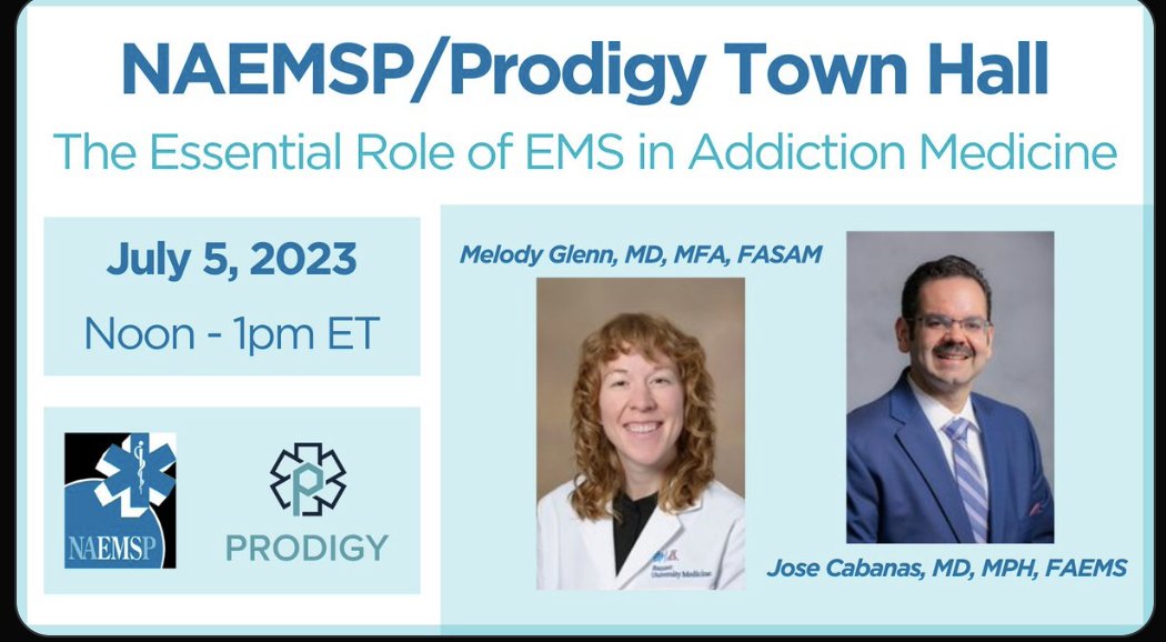 Happening today, 7/5 at noon Eastern! Sign up now for our @NAEMSP Town Hall #webinar w/ free CE.  #EMS should lead the charge for appropriate care & navigation for patients w/ #opioidusedisorder. #addiction #MAT #buprenorphine #FOAMed #naloxone #SUD prodigyems.zoom.us/webinar/regist…