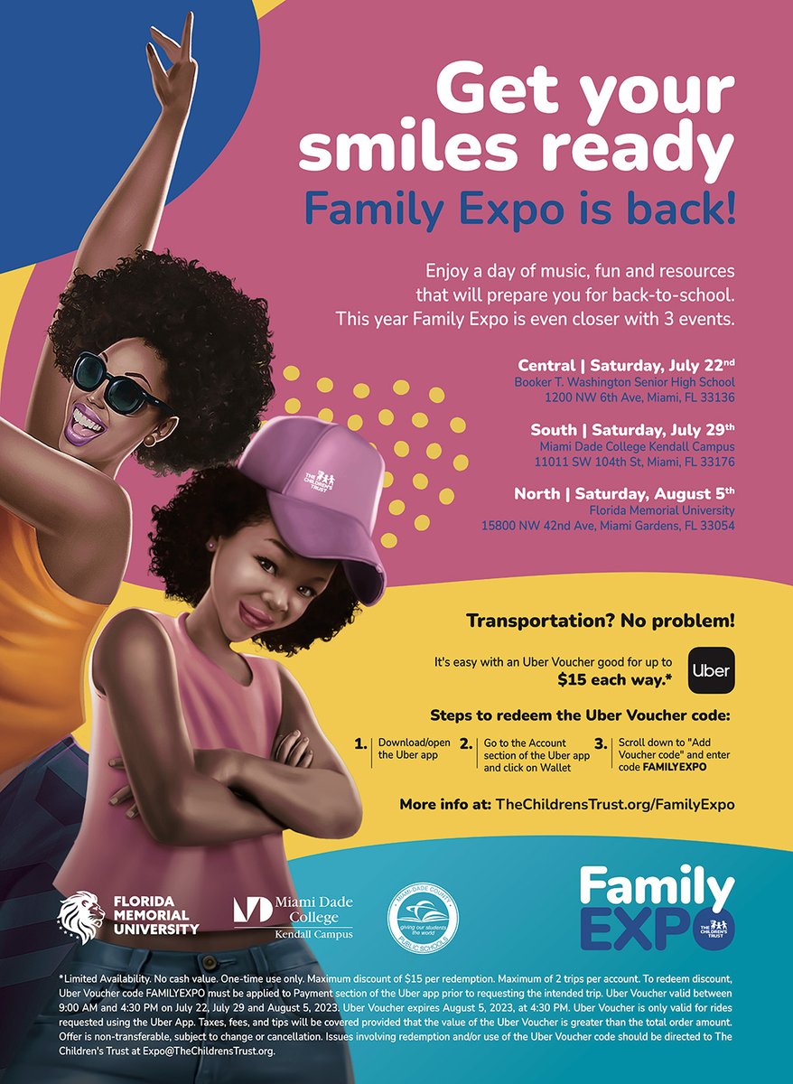 The <a href="/ChildrensTrust/">childrenstrust</a> Family Expo is here! A day of music, fun, and back-to-school resources for everyone! This year, it’s easy with an Uber Voucher good for up to $15 each way. *Uber Voucher terms and conditions apply* #TrustFamilyExpo #FamilyExpo2023 #ConnectandInspireMDCPS