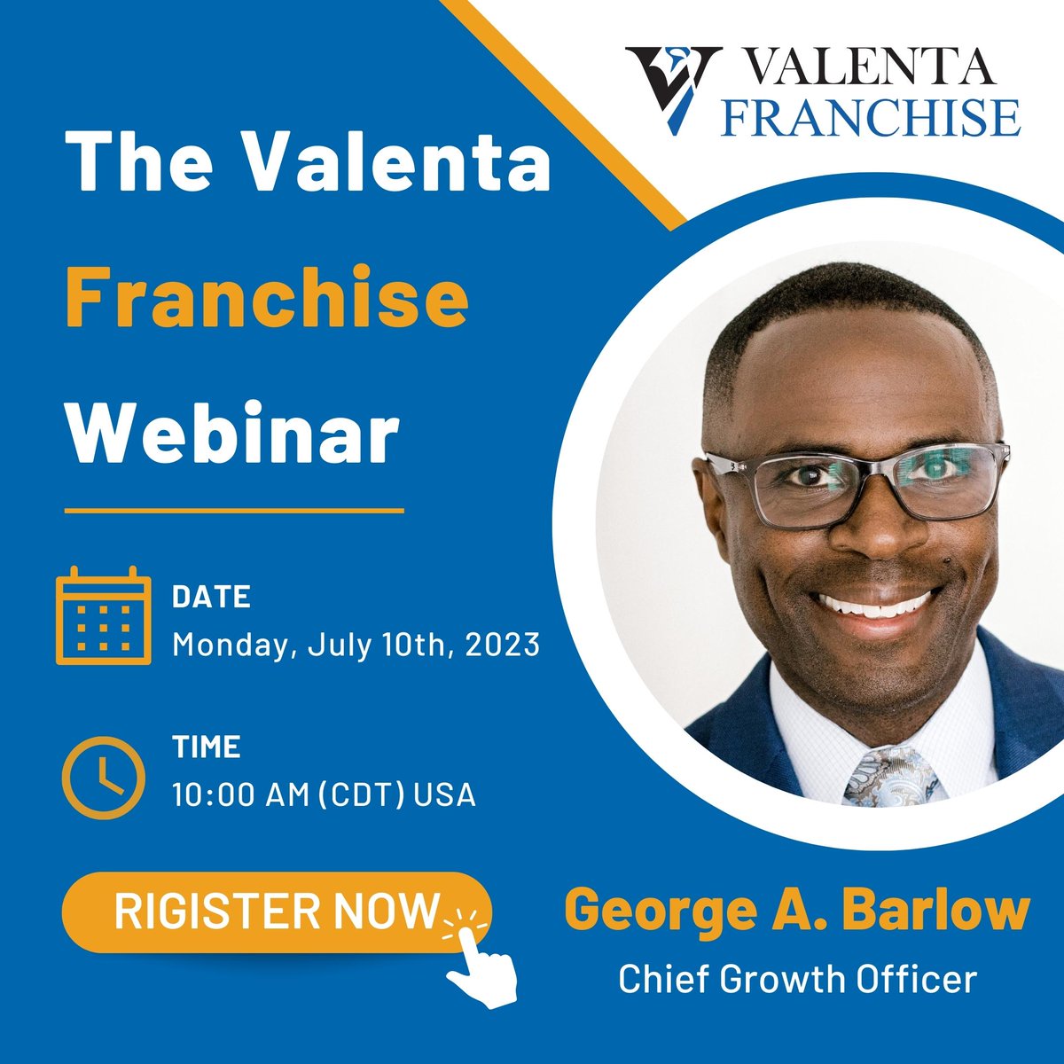 Calling all #FranchiseBrokers! Join our webinar series, 'The Valenta #FranchiseOpportunity,' featuring George Barlow, our Chief Growth Officer; on July 10th and learn the benefits of becoming a #Valentafranchisee.

🌐 Register here: zurl.co/okQS
#BusinessOpportunity