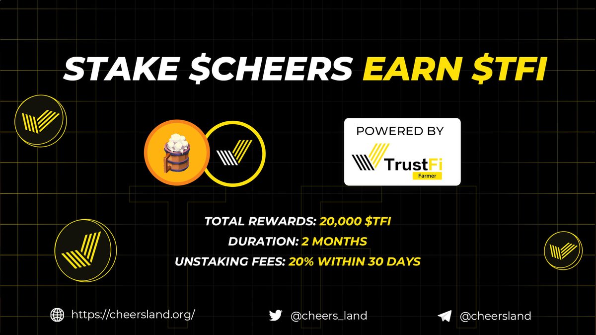 cheers_land's tweet photo. 🔥 Get ready for a rewarding journey at 𝐂𝐡��𝐞𝐫𝐬𝐋𝐚𝐧𝐝!

Starting this Friday, you can stake your $CHEERS and earn $TFI in our exclusive program. With a total of 20,000 $TFI up for grabs and a duration of 2 months, it's your chance to maximize your earnings.

Join us in the #CheersLand Space on @trustfiorg  Farmer Don't miss out on this incredible opportunity to grow your crypto portfolio.

Explore here: https://t.co/tbSsaneQWO

#Stake2Earn #Cheers #EarnRewards #AI