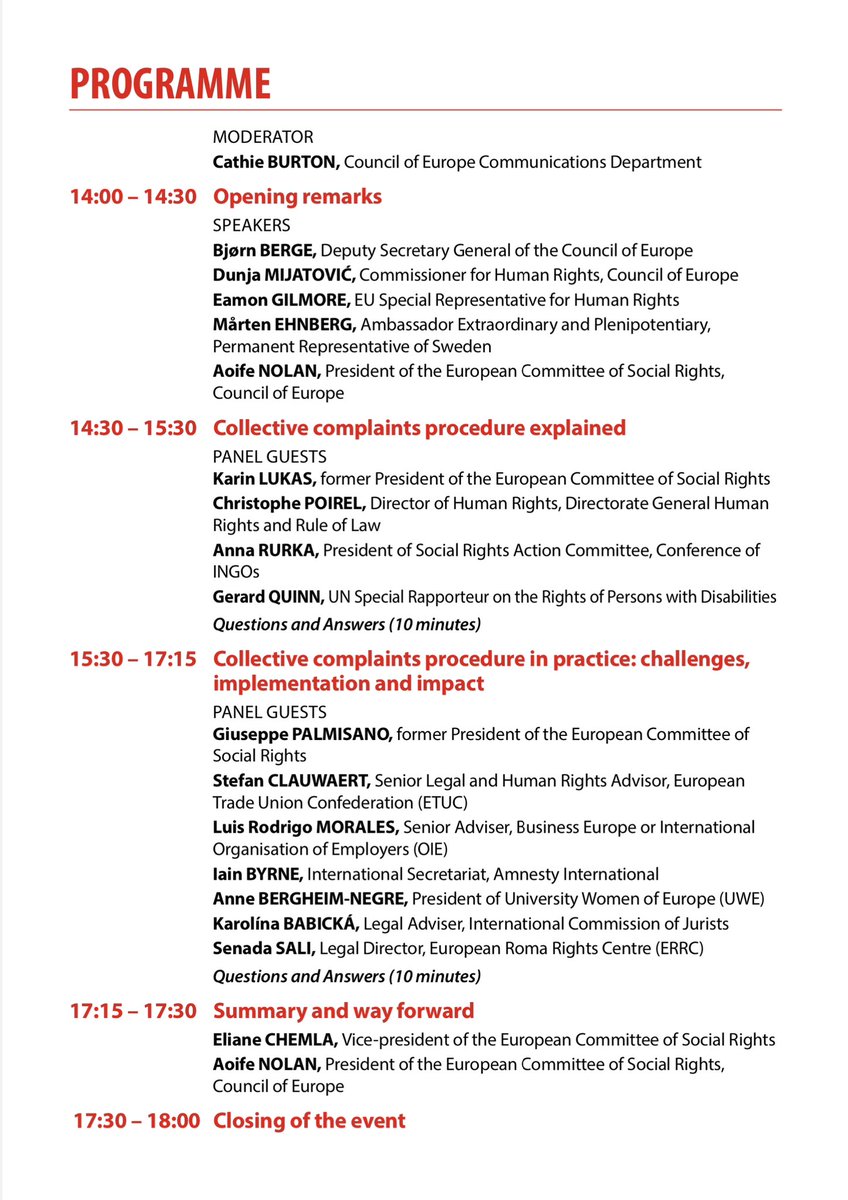 Tomorrow afternoon, not to be missed — 25 years since the unique #CollectiveComplaints procedure under the #EuropeanSocialCharter became operational @CoESocialRights @coe attend in person or online. Impressive list of speakers.