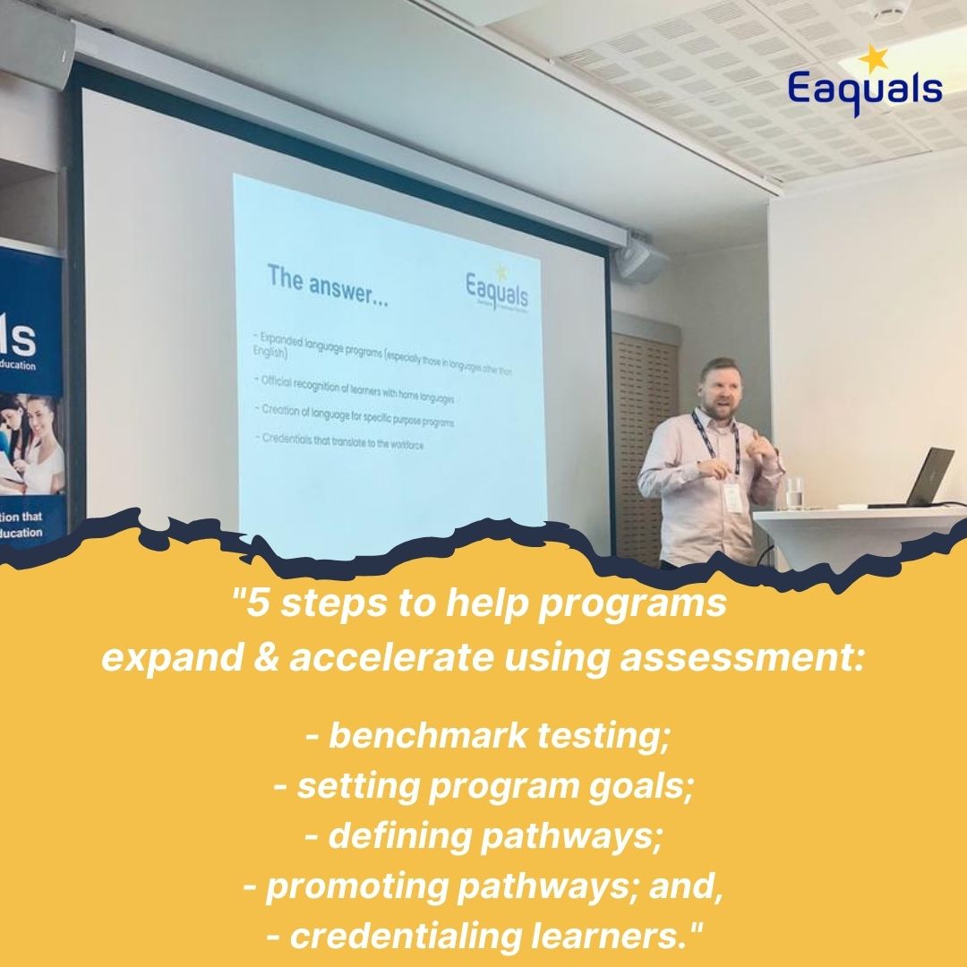 Eaquals's tweet image. Often, #languagestudents get frustrated &amp;amp; want to quit before attaining their goals.
During the #EaqualsConference Nick Gossett, argued that 1 solution for keeping learners in programmes &amp;amp; focused on higher #proficiencylevels is using #assessment pathways.