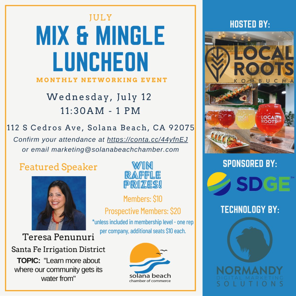 SolanaChamber's tweet photo. July Mix &amp; Mingle Luncheon on Wednesday, July 12 from 11:30am to 1:00pm at Local Roots!

Learn more about where our community receives its water from, how new regulations may change the way we use it and some tips and rebates available to be water-efficient during a hot summer. https://t.co/fiCVtqBpBJ