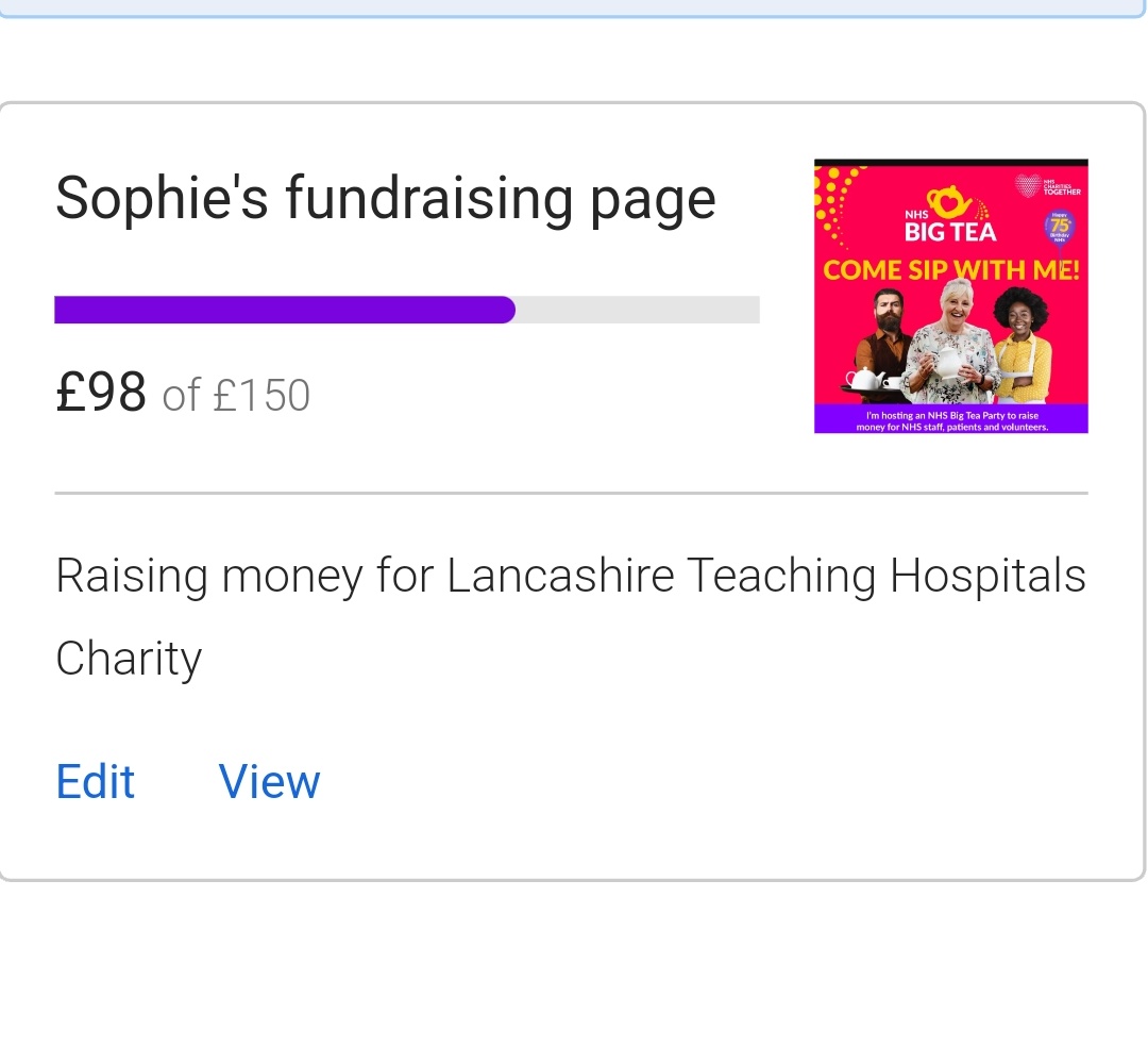 EnhancedUnit's tweet photo. A fun and successful day - our lovely Linda even brought in her original uniform (not from 1948), an amazing amount raised so far and donations still cominh in 💙 @LeylandWard @RDCU_lthtr @SurgicalCdhUnit @LancHospCharity @LancsHospitals @KMcG_CEO #NHS75 #NHSBigTea #teamsecu https://t.co/TbeVJaPPu8