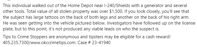 OKCPD's tweet photo. Help investigators identify this subject, wanted for grand larceny. Crime Stoppers with info 405.235.7300/www.okccrimetips.com. Case # 23-41940 https://t.co/6xyn67gsB7