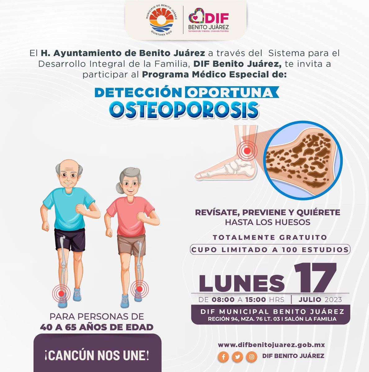 Cancunenses, para prevenir el riesgo de futuras fracturas debido a enfermedad, los invito a nuestro programa gratuito, ¡Revísate, previene y quiérete hasta los huesos! 🦴 ❤️

Si desean más información en el área médica al 998 888 8921, ext. 351. 
<a href="/DIF_Cancun/">DIF Benito Juárez</a> 
#CancúnNosUne