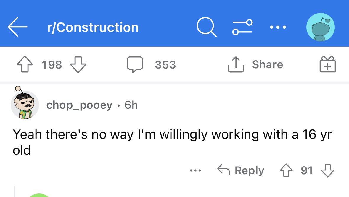 arlenparsa's tweet photo. One thing that’s often missing in debates on child labor law loosening is how adult workers feel about teens on the job site

If you talk to tradesworkers who deal with heavy machinery &amp; have to trust their coworkers with their lives you’ll find they absolutely *do not want* them https://t.co/jPhn0Dmfwf