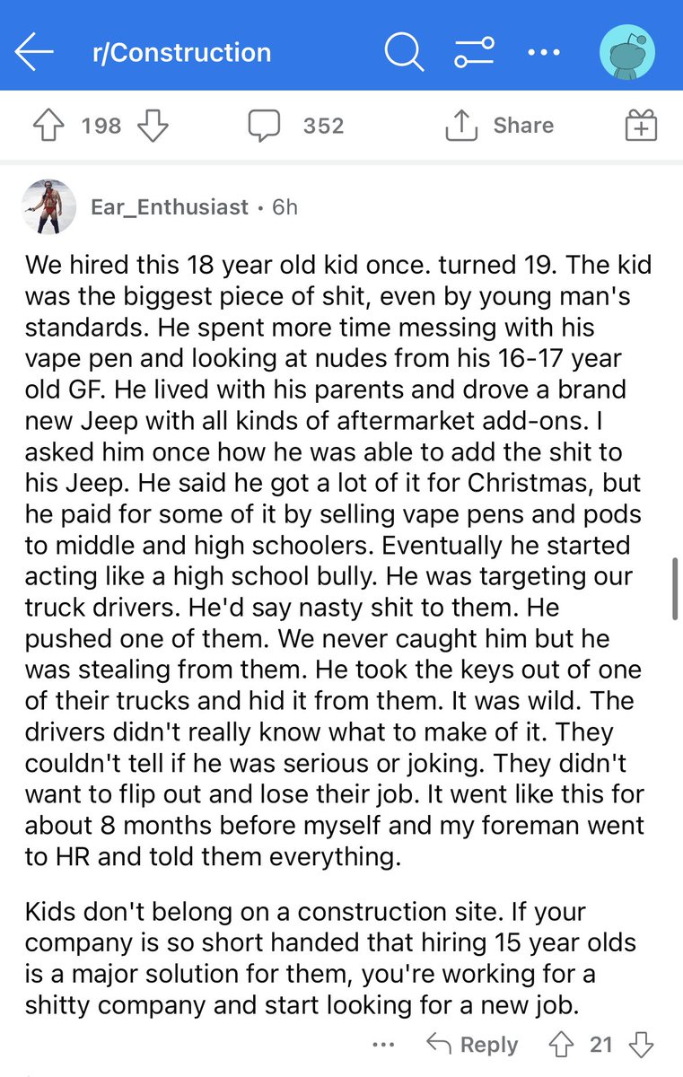 arlenparsa's tweet photo. One thing that’s often missing in debates on child labor law loosening is how adult workers feel about teens on the job site

If you talk to tradesworkers who deal with heavy machinery &amp; have to trust their coworkers with their lives you’ll find they absolutely *do not want* them https://t.co/jPhn0Dmfwf