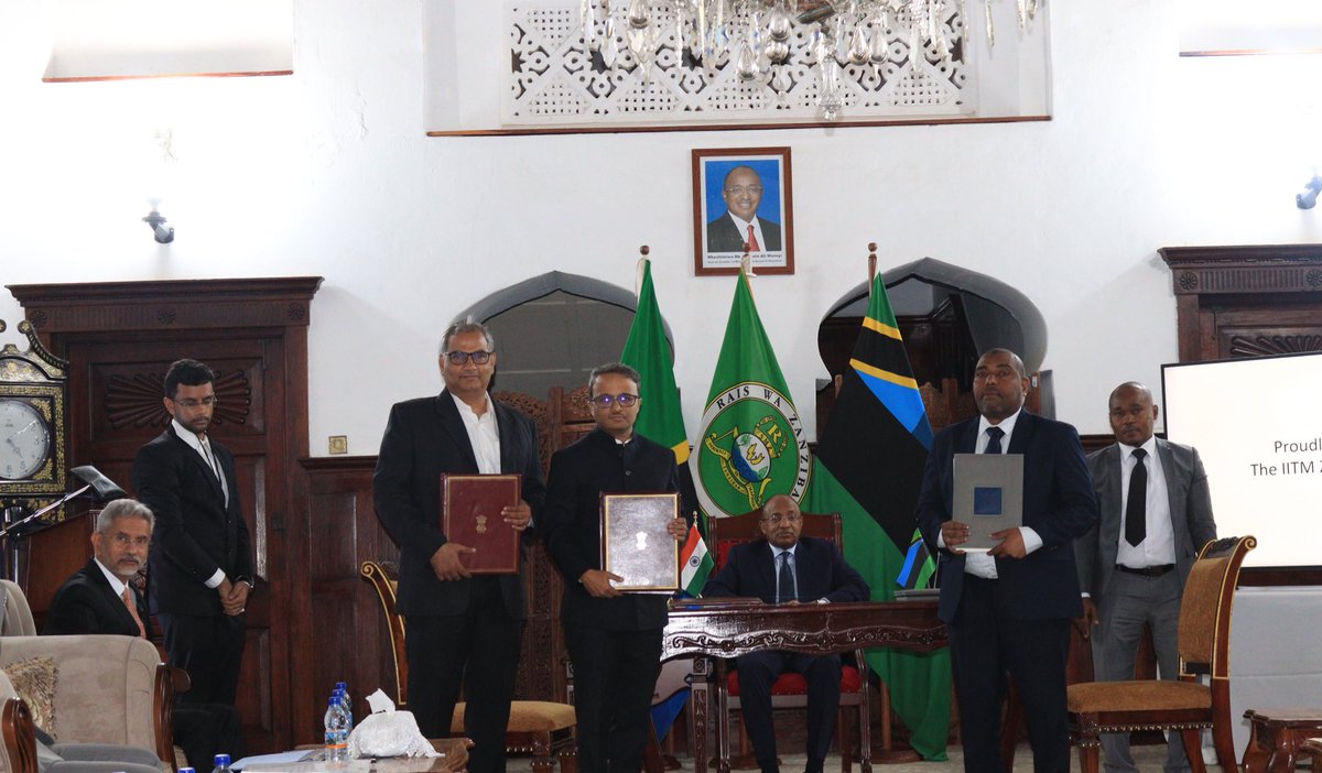DrSJaishankar's tweet photo. Witnessed the signing of the agreement on setting up of  @iitmadras Zanzibar campus. 

Appreciate President @DrHmwinyi gracing the occasion, as also the presence of his Ministers. 

This historic step reflects India’s commitment to the Global South. https://t.co/X3vdnICnSE