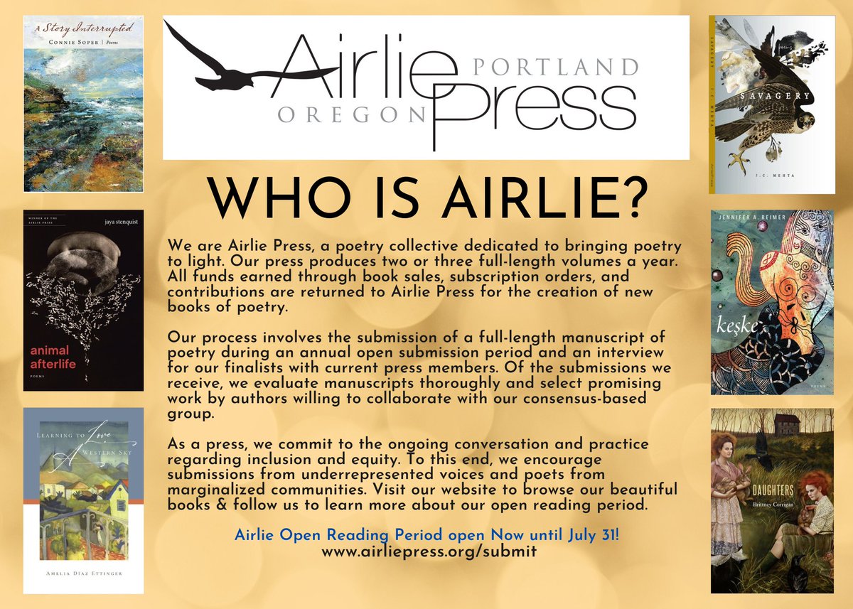 airliepress (@airliepress2) on Twitter photo We are OPEN to submissions from PNW-based poets looking to join our collective editorial staff of poets. Visit our Open Reading page on the <a href="/airliepress2/">airliepress</a> website for details, and SEND YOUR POEMS our way
airliepress.org/submit
#indiepoetrybooks
#newpoetry We are OPEN to submissions from PNW-based poets looking to join our collective editorial staff of poets. Visit our Open Reading page on the <a href="/airliepress2/">airliepress</a> website for details, and SEND YOUR POEMS our way
airliepress.org/submit
#indiepoetrybooks
#newpoetry