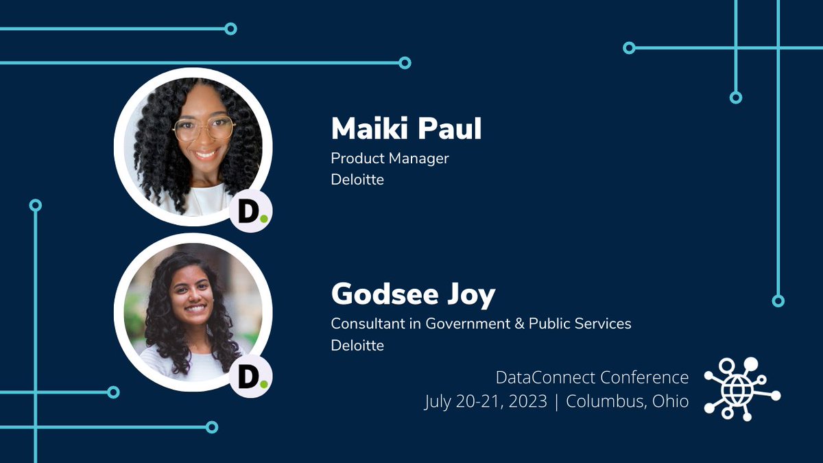 wia_community's tweet image. Join us in #cbus to hear from data experts like Deloitte&apos;s Maiki Paul &amp;amp; Godsee Joy! Don&apos;t miss out on their valuable insights and join us at @dataconnectconf on July 20th and 21st!

Register now: bit.ly/3JJA9sO

#DataConnectConf #DataConnect2023 #DCC23 #DataConference