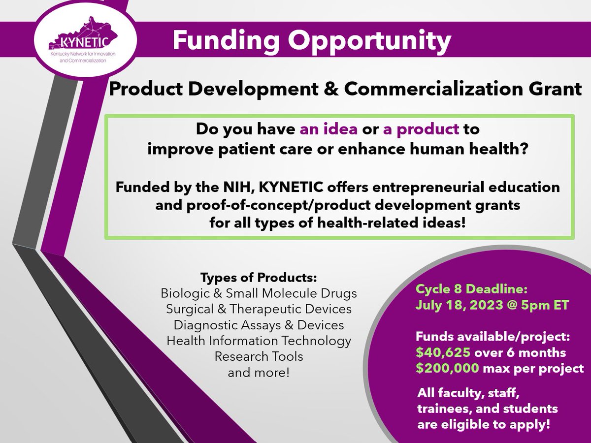 KYNETIC_hub's tweet image. Deadline Approaching!! 📢Cycle 8 pre-applications are due Tuesday, July 18th at 5:00pm. Read the full RFA here: bit.ly/41GbnQZ  @uky_innovate @UofLInnovate @CommercializeKY 

#KYNETIC  #REACH #NIHfunding #entrepreneurs #ResearchwithImpact #biomedtech #productdevelopment