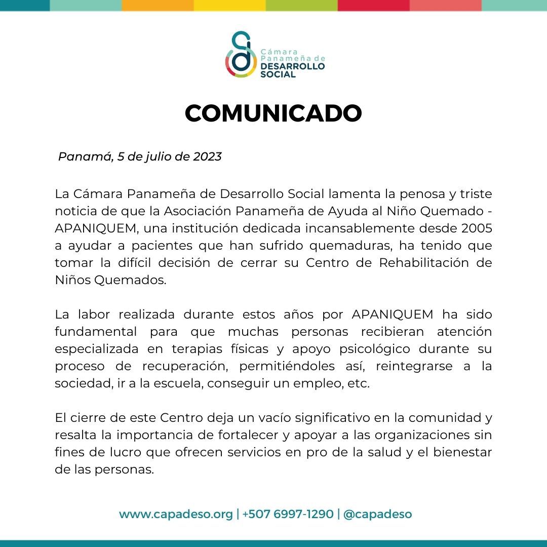 Mensaje de la Cámara Panameña de Desarrollo Social por el cierre de APANIQUEM.
