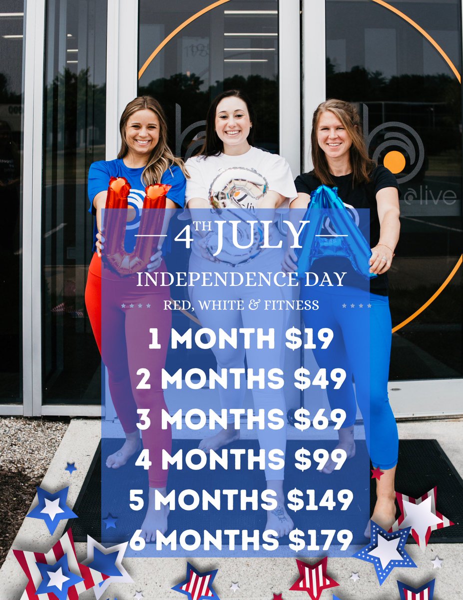 Body Alive (@_bodyalive) on Twitter photo Celebrate 4th of July with brand new promotional offers! Email info@bodyalivefitness.com to purchase yours now!
*Promotions are valid for new students to the studio, or members who have not been in the studio for 60 days*
We hope to see you soon 🧡 Celebrate 4th of July with brand new promotional offers! Email info@bodyalivefitness.com to purchase yours now!
*Promotions are valid for new students to the studio, or members who have not been in the studio for 60 days*
We hope to see you soon 🧡