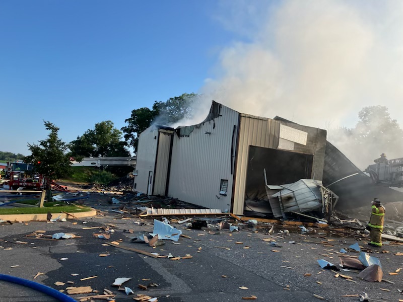 MikeGorsegner's tweet photo. The aftermath left behind by the explosion at the Rapho Twp building gives you an appreciation for the magnitude of the incident. DPW building leveled, all equipment gone, office building damaged, 6-8 homes nearby sustained damage. Luckily, no one was hurt. @CBS21NEWS https://t.co/j1wAKAR0ts