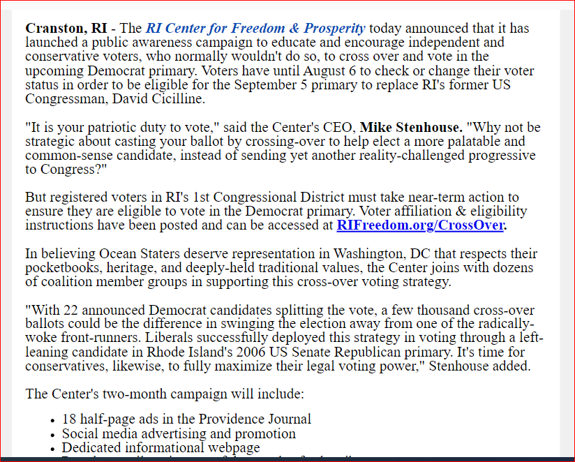 kathyprojo's tweet photo. I wondered when this would happen. It has happened.
 Conservative, Republican leaning  advocacy group announces campaign "to educate and encourage independent and conservative voters, who normally wouldn't do so, to cross over and vote in the upcoming Democrat primary."
Excerpt: https://t.co/DTKH9bOqGh