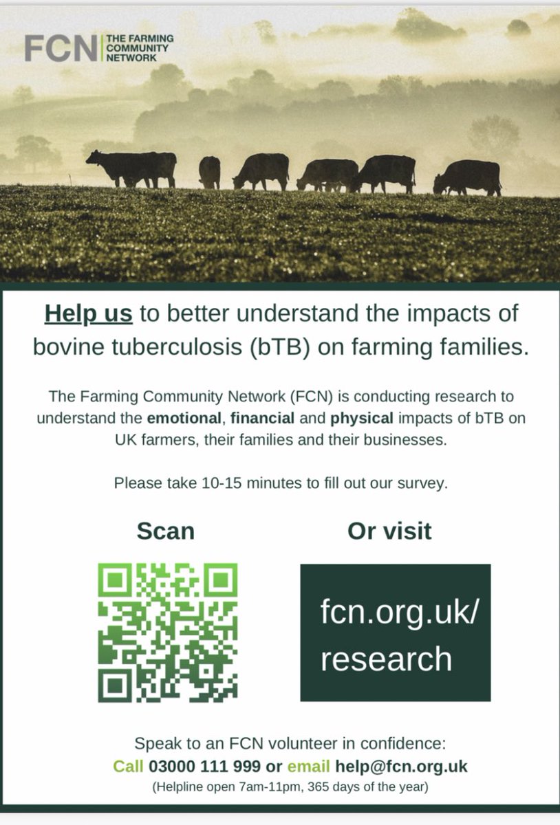The Farming Community Network (FCN) is currently conducting research to better understand the impact of bovine tuberculosis (bTB) on UK farmers’ health and wellbeing. Please do share! 
 
Survey link: surveymonkey.co.uk/r/3HG5YFG
 Welsh version: surveymonkey.co.uk/r/5NW7D8V
 
#farming