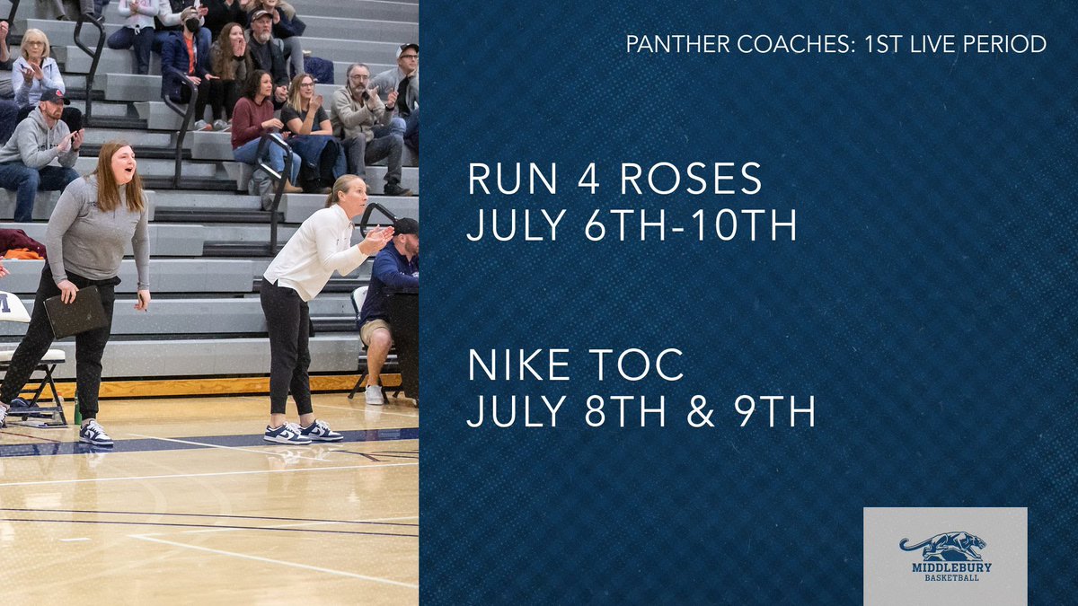 On our way to see some future Panthers 🐾

Coach KJ and Coach Cat will be at Run 4 Roses in Louisville and the Nike Tournament of Champions in Chicago! Be sure to send your games schedules to charrison@middlebury.edu