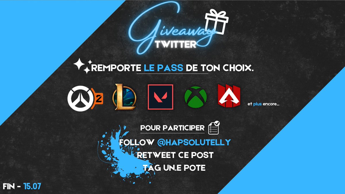 hapsolutelly's tweet photo. 𓆩♡𓆪 GIVEAWAY 🎁

Remporte ton pass au choix sur les jeux tels que Valorant, League of Legends, Overwatch 2, Apex Legends ou encore un Xbox Game Pass... et plus encore

Pour participer, il te suffit de 
⋄ Follow @hapsolutelly 
⋄ Retweet ce post
⋄ Tag un.e pote

Fin le 15.07