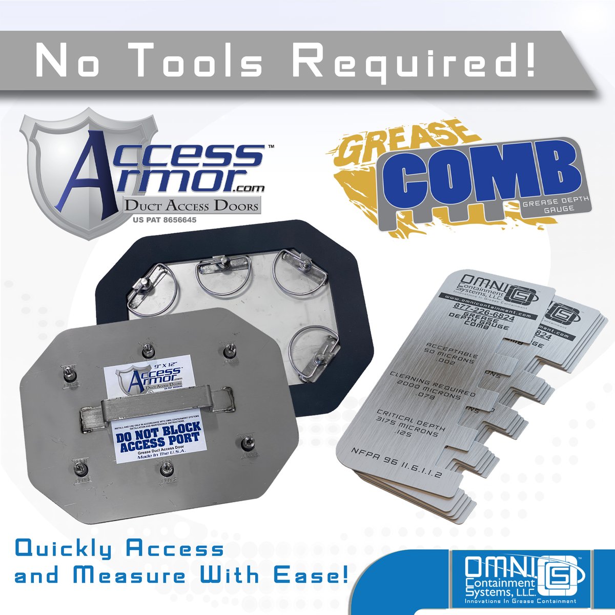 omni_llc's tweet image. You don’t need to carry that tool bag when inspecting kitchen exhaust systems! Omni products make it quick, easy, and toolless. Check out our full line of Access Armor Duct Access Doors and don’t forget the essential Grease Comb!

#KitchenExhaust #AccessDoor #AccessPanel