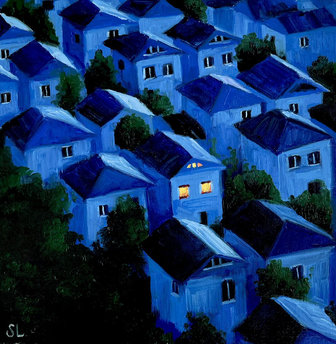 House at Fajr, oil on paper