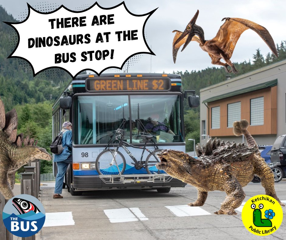 KetchikanBus's tweet photo. Dinosaurs have come for summer reading at the Library and are hiding at our bus stops!

7 dinosaurs are hiding at bus stops with shelters. Adventure out and find them all!

Remember, 17 and under, ride free on the bus to and from the Library and Rec Center.

See you on The Bus! https://t.co/cqCjtX89T1