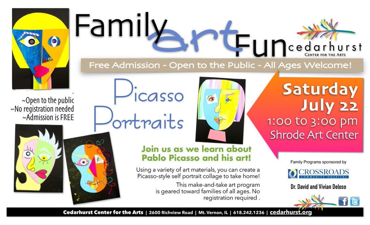 Join the fun as we learn about Pablo Picasso and his art!
Saturday, July 22 | 1-3 pm | Shrode Art Center at Cedarhurst

Using a variety of art materials, you can create a Picasso-style self portrait collage to take home! Admission is FREE and open to the public.