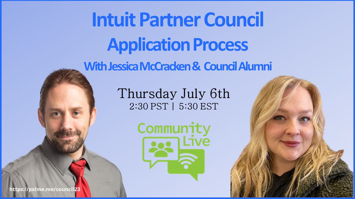 Intuit Accountants (@intuitaccts) on Twitter photo Each year we invite accounting leaders to be a part of our Intuit Partner Council. Tomorrow, at 2:30 PM PT, <a href="/Spotycus/">Matthew Spot Fulton</a> will host our own <a href="/RlseThMcCracken/">Jessica McCracken</a> and Partner Council alumni to discuss the application process and other aspects of the program. bit.ly/3py1I1v Each year we invite accounting leaders to be a part of our Intuit Partner Council. Tomorrow, at 2:30 PM PT, <a href="/Spotycus/">Matthew Spot Fulton</a> will host our own <a href="/RlseThMcCracken/">Jessica McCracken</a> and Partner Council alumni to discuss the application process and other aspects of the program. bit.ly/3py1I1v