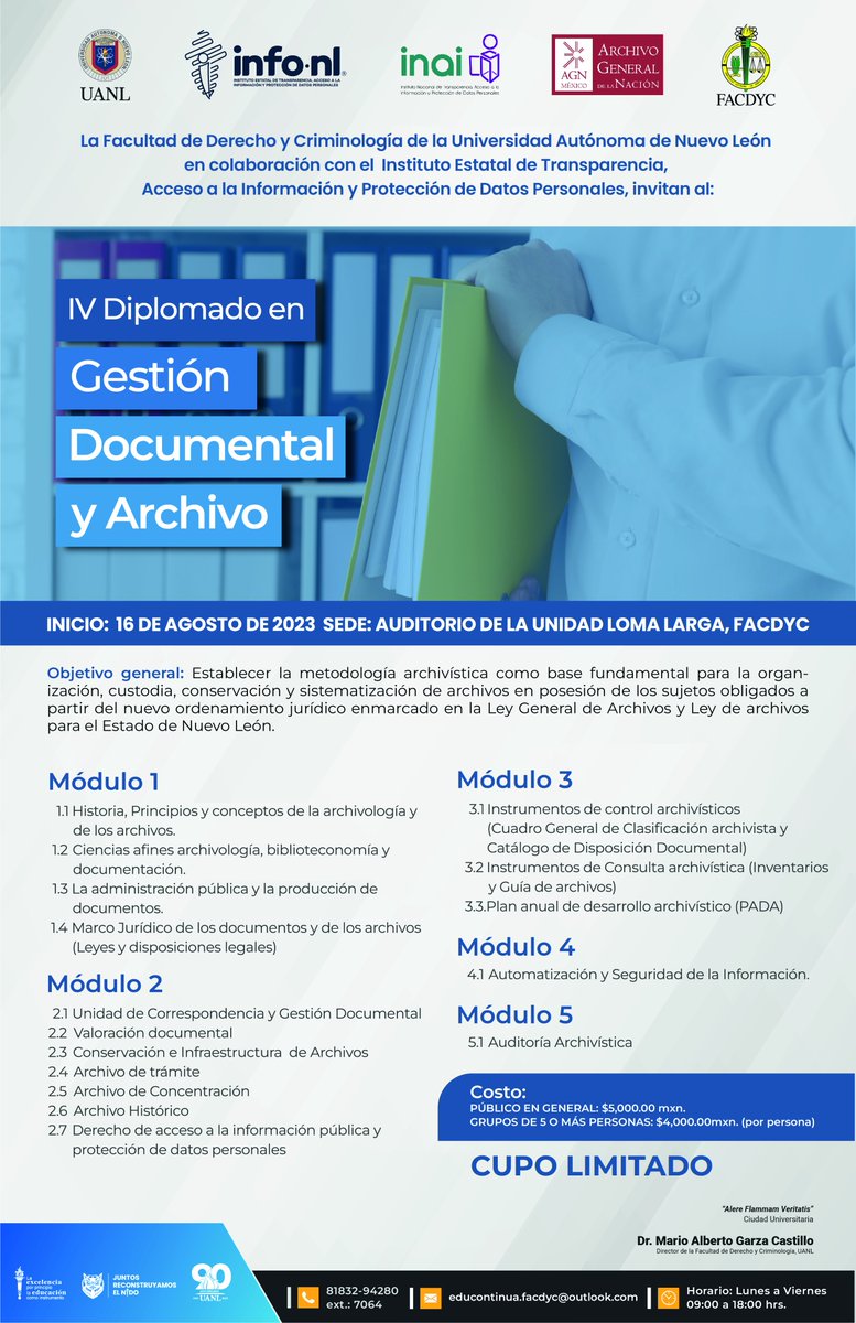 INFONLMX's tweet photo. El #INFONL en colaboración con la @FACDYC_UANL , te invita al: 
📚IV Diplomado en Gestión Documental
📅: 16 de agosto
📍 : Unidad Loma Larga, FACDYC

⬇️ https://t.co/TEUau7oH7Q