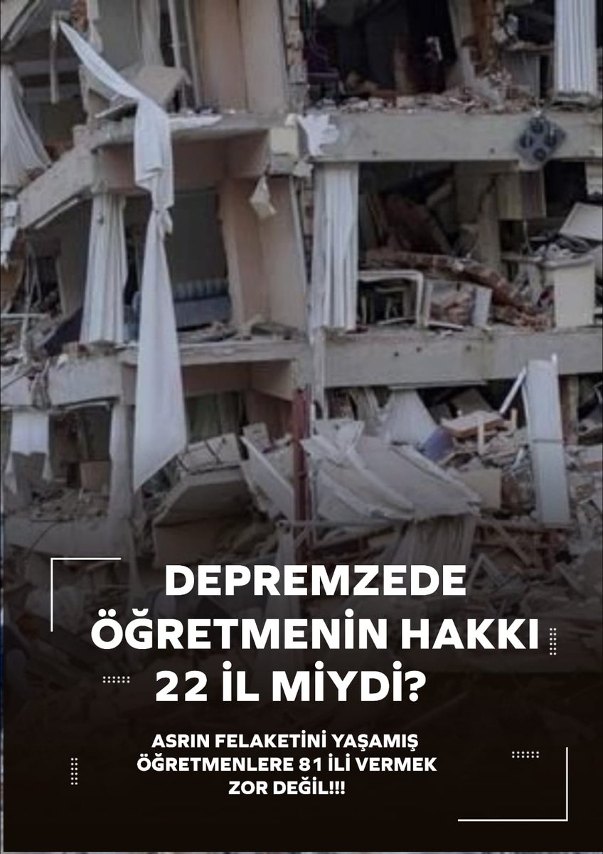 Depremzede öğretmenlere tabiri caizse yapmış olmak için verilen 22 ile tayin hakkını #kabuletmiyoruz .. Ek hizmet puanı ve istediğimiz il emrine tayin hakkı talep ediyoruz <a href="/Yusuf__Tekin/">Yusuf Tekin</a> <a href="/cftcblnt/">Bülent ÇİFTCİ</a> <a href="/RTErdogan/">Recep Tayyip Erdoğan</a>
