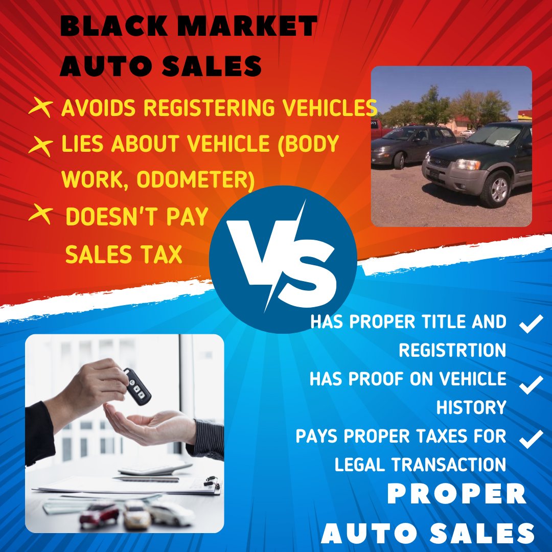 NMIADA1's tweet photo. Black Market Auto Sales or "Curbstoning" is an illegal scheme to draw shoppers to a roadside or vacant lots and sell unfit cars without permits, licenses, or mandated consumer protection. Here are some differences between a proper auto sale compared to a Black Market Auto Sale1/2 https://t.co/5nzNWwBVxw