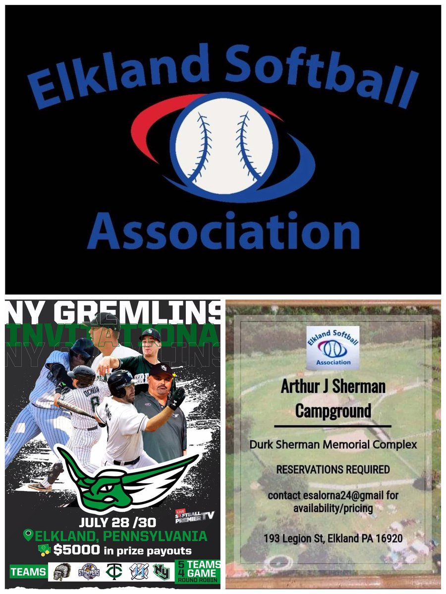 Summertime is finally here and that old ballpark is back in gear! From out on 49, you can see the lights!
Don't miss the exciting action July 28-30 as Elkland Softball Association welcomes 5 of the top ranked teams in the world to the Durk Sherman Memorial Complex !